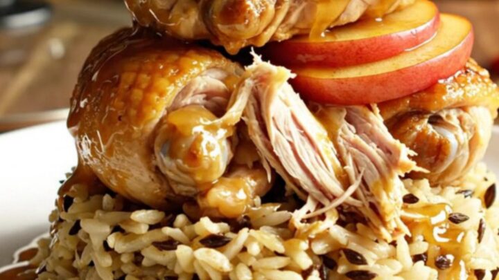 A warm, rustic ceramic slow cooker filled with shredded chicken thighs, golden apple slices, and a glossy maple dijon glaze.