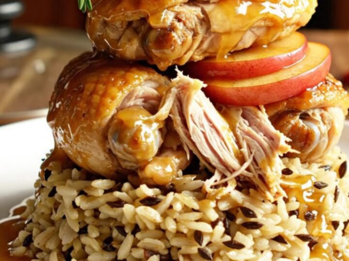 A warm, rustic ceramic slow cooker filled with shredded chicken thighs, golden apple slices, and a glossy maple dijon glaze.