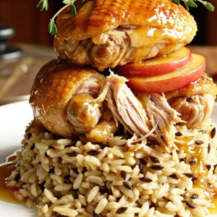 A warm, rustic ceramic slow cooker filled with shredded chicken thighs, golden apple slices, and a glossy maple dijon glaze.