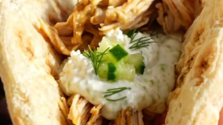 A close-up of shredded Greek lemon chicken with olives and feta in a blue-gray slow cooker.