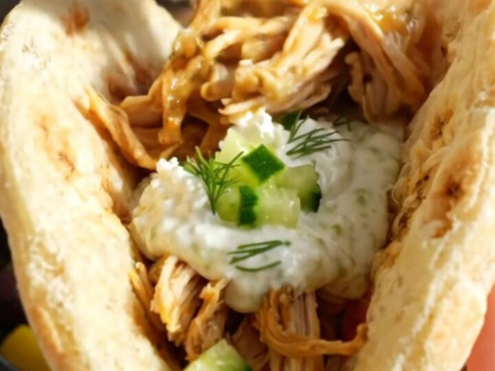 A close-up of shredded Greek lemon chicken with olives and feta in a blue-gray slow cooker.