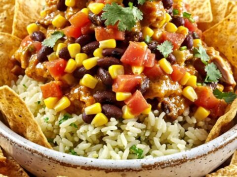 A creamy bowl of shredded Santa Fe chicken topped with fresh cilantro served with tortilla chips.