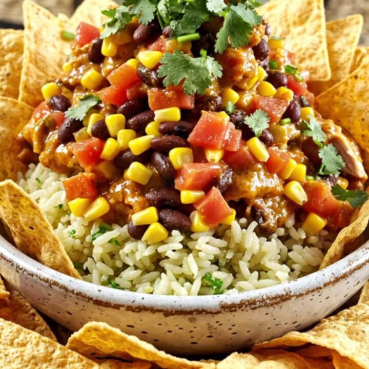 A creamy bowl of shredded Santa Fe chicken topped with fresh cilantro served with tortilla chips.