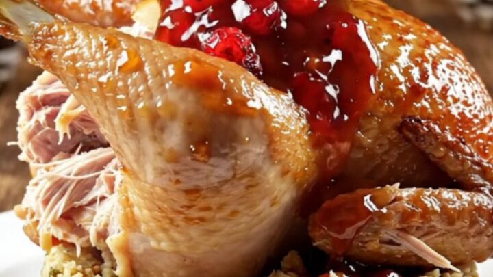 A close-up view of steaming, tender shredded turkey served over herb stuffing with a vibrant ruby-red cranberry orange glaze.