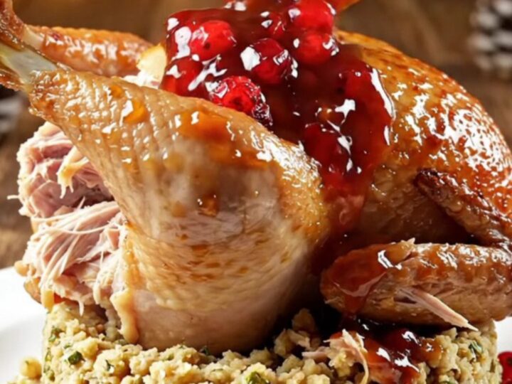 A close-up view of steaming, tender shredded turkey served over herb stuffing with a vibrant ruby-red cranberry orange glaze.