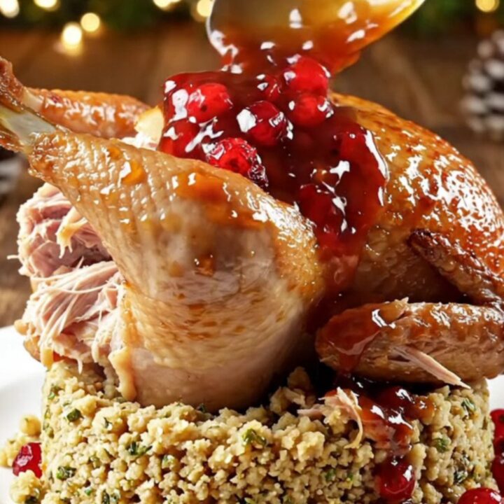 A close-up view of steaming, tender shredded turkey served over herb stuffing with a vibrant ruby-red cranberry orange glaze.