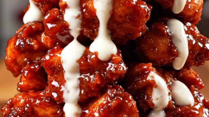 A close-up of shredded chicken in a glossy red spicy honey glaze inside a red slow cooker.