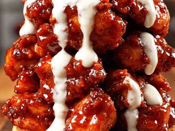 A close-up of shredded chicken in a glossy red spicy honey glaze inside a red slow cooker.