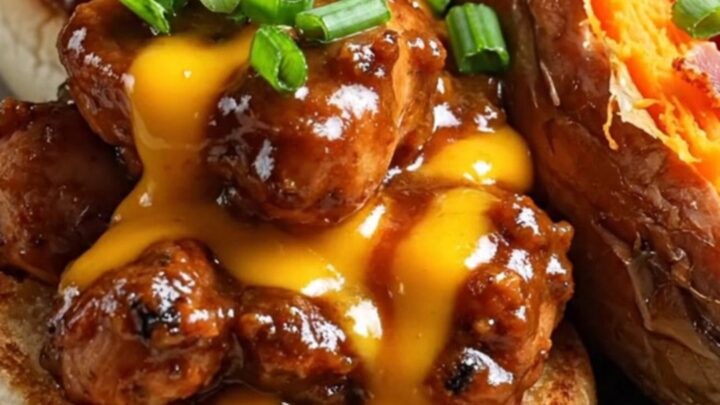 A close-up shot of creamy BBQ chicken being shredded with two forks inside a black slow cooker.