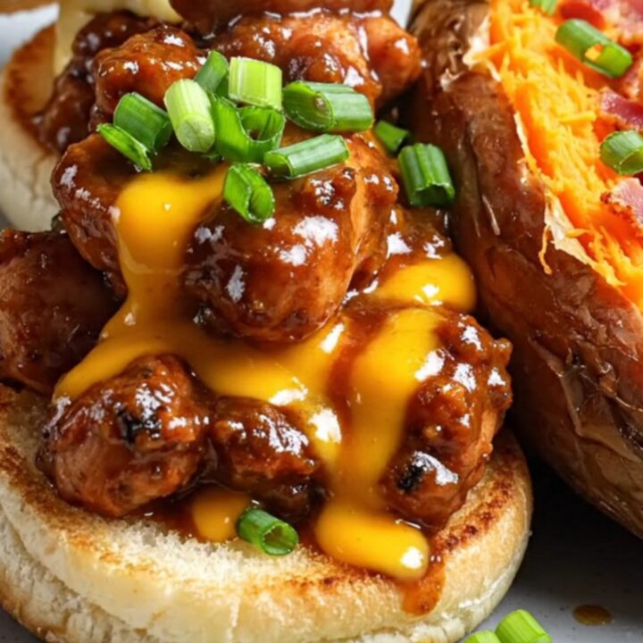 A close-up shot of creamy BBQ chicken being shredded with two forks inside a black slow cooker.