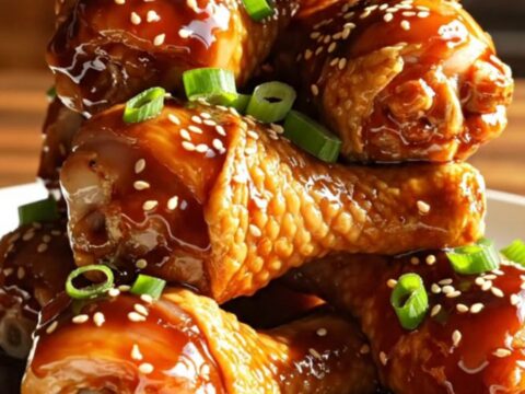 A close-up of glossy, dark brown soy balsamic chicken drumsticks served on a rustic platter.