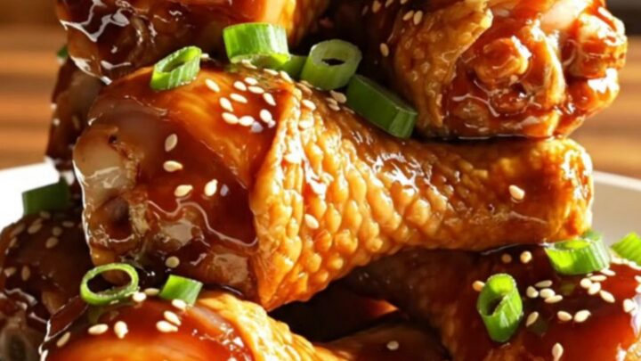 A close-up of glossy, dark brown soy balsamic chicken drumsticks served on a rustic platter.