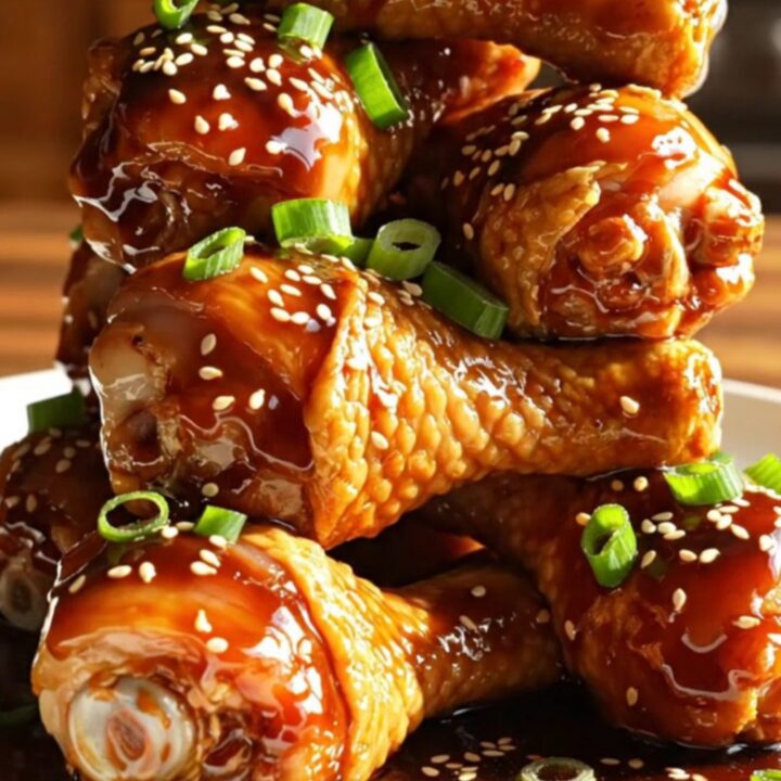 A close-up of glossy, dark brown soy balsamic chicken drumsticks served on a rustic platter.