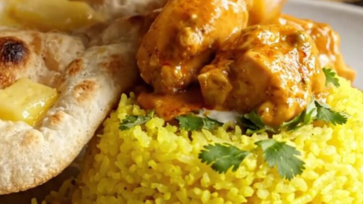 A steaming bowl of creamy chicken tikka masala topped with fresh cilantro, served with rice and naan.