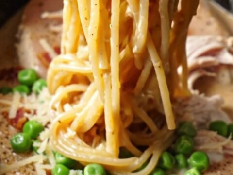 A steaming Crockpot filled with creamy shredded chicken and carbonara sauce.