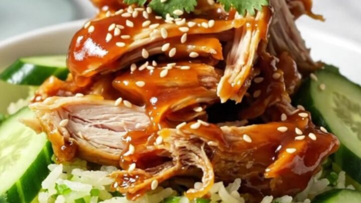 A close-up of tender, shredded honey Sriracha chicken in a ceramic slow cooker with a glossy, fiery-red glaze.