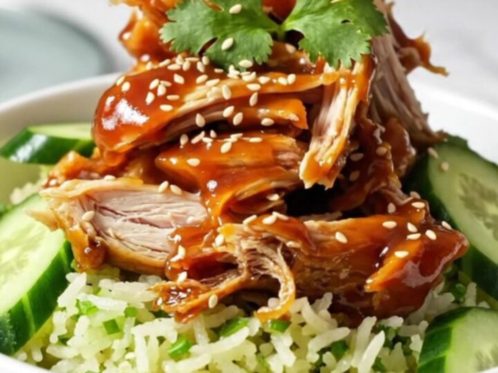 A close-up of tender, shredded honey Sriracha chicken in a ceramic slow cooker with a glossy, fiery-red glaze.