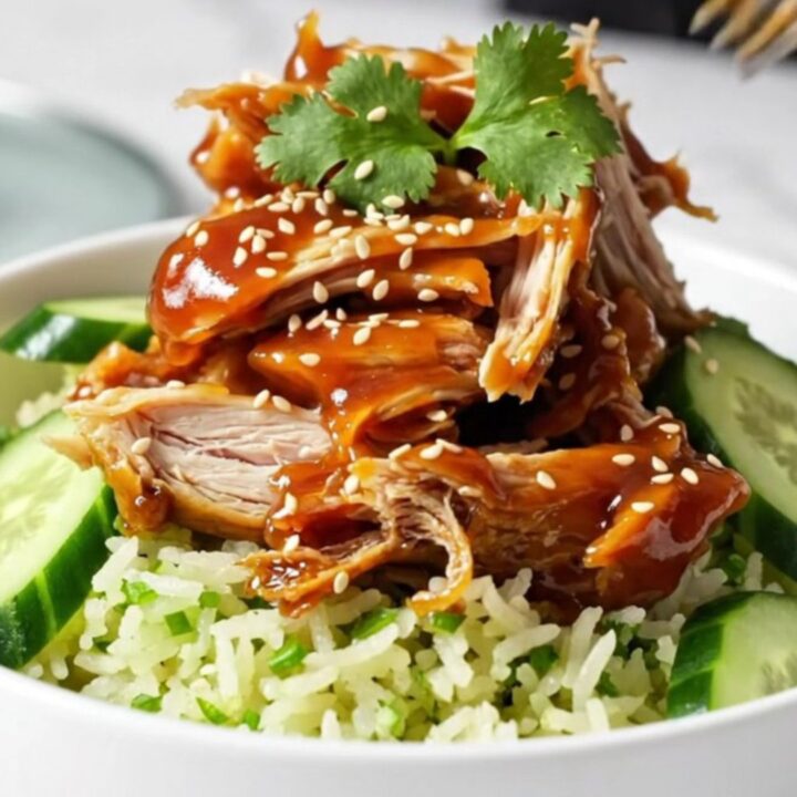 A close-up of tender, shredded honey Sriracha chicken in a ceramic slow cooker with a glossy, fiery-red glaze.