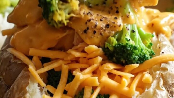 A close-up of creamy broccoli cheddar chicken served over a fluffy baked potato in a white ceramic dish.
