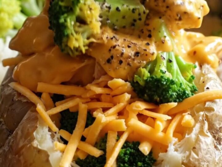 A close-up of creamy broccoli cheddar chicken served over a fluffy baked potato in a white ceramic dish.