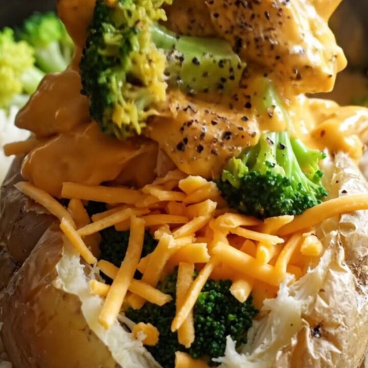 A close-up of creamy broccoli cheddar chicken served over a fluffy baked potato in a white ceramic dish.