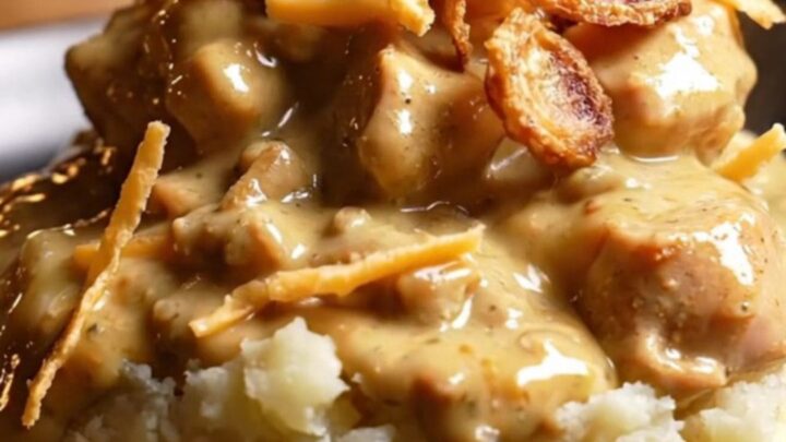 A close-up view of shredded chicken in a creamy, golden sauce with visible melted Gouda and shallots.