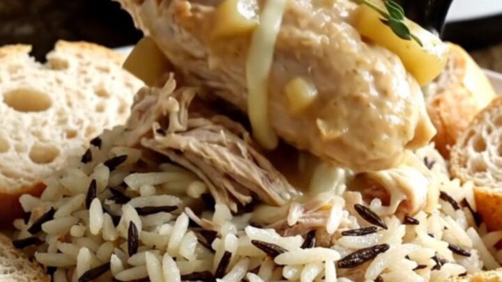 A close-up of a slow cooker filled with shredded chicken, melted Brie, and sliced apples.