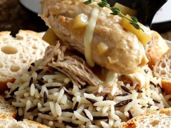 A close-up of a slow cooker filled with shredded chicken, melted Brie, and sliced apples.