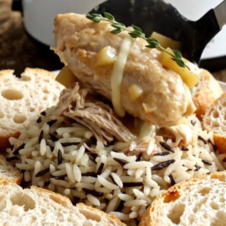 A close-up of a slow cooker filled with shredded chicken, melted Brie, and sliced apples.