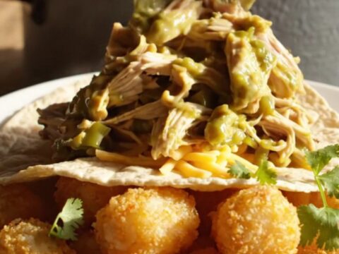 Close up of shredded chicken in a creamy green chile sauce inside a slate ceramic slow cooker.