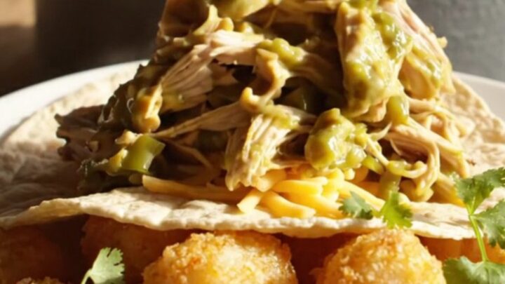 Close up of shredded chicken in a creamy green chile sauce inside a slate ceramic slow cooker.
