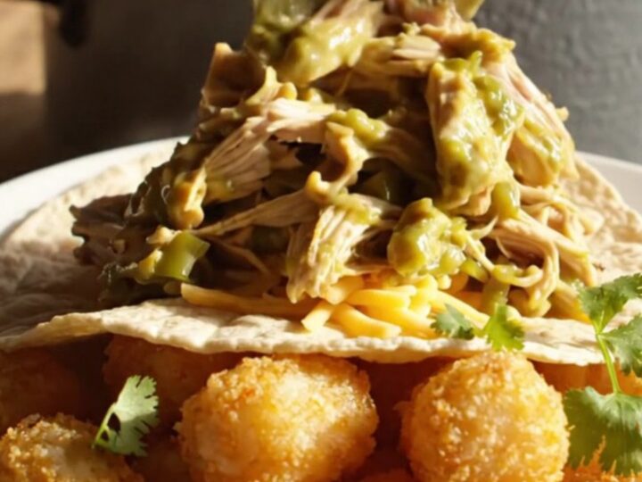 Close up of shredded chicken in a creamy green chile sauce inside a slate ceramic slow cooker.