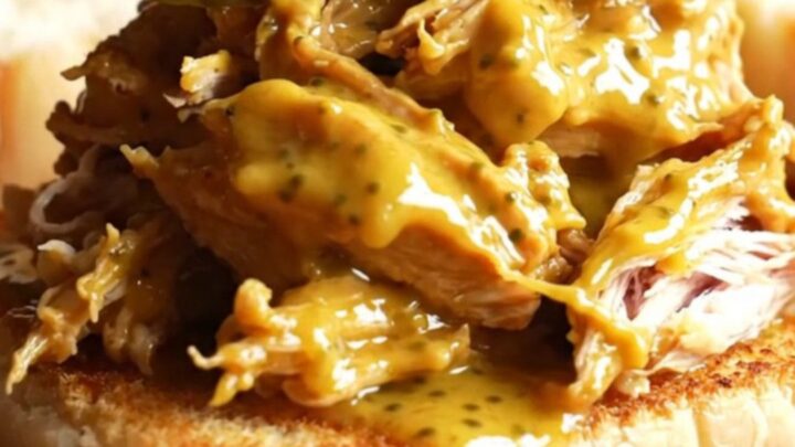 A close-up of shredded Carolina mustard BBQ chicken piled high on a toasted potato roll with slaw.