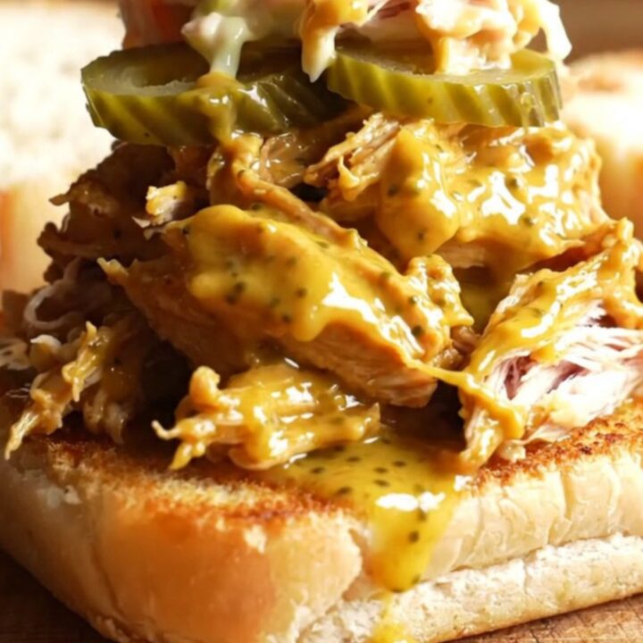 A close-up of shredded Carolina mustard BBQ chicken piled high on a toasted potato roll with slaw.