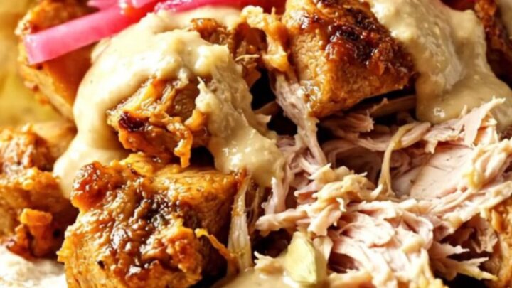Close-up of shredded chicken shawarma being pulled from a slow cooker with two forks.