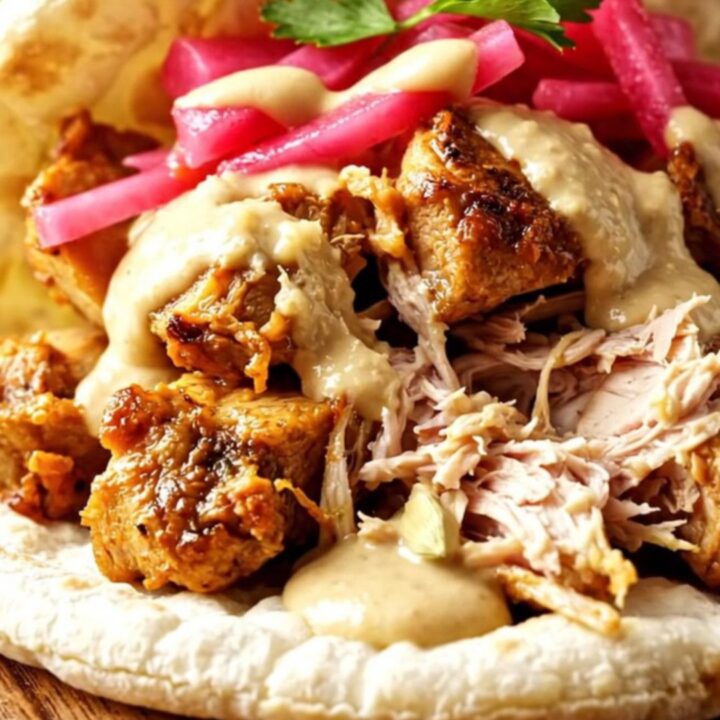 Close-up of shredded chicken shawarma being pulled from a slow cooker with two forks.