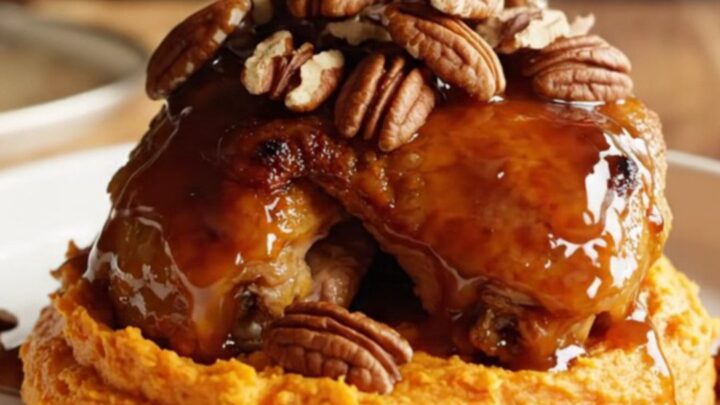 A close-up of tender chicken thighs covered in a rich maple bourbon glaze, topped with toasted pecans.