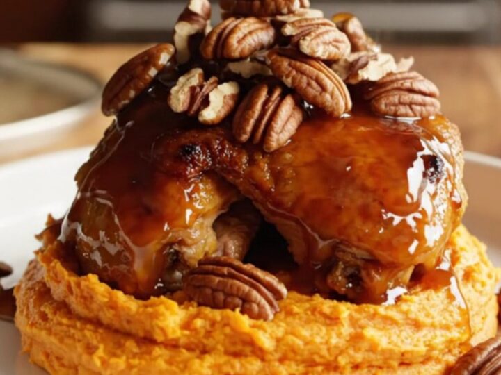 A close-up of tender chicken thighs covered in a rich maple bourbon glaze, topped with toasted pecans.