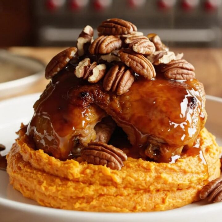 A close-up of tender chicken thighs covered in a rich maple bourbon glaze, topped with toasted pecans.