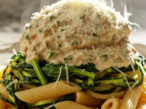 A close-up view of creamy chicken Florentine in a slow cooker, featuring shredded chicken, spinach, and bacon.