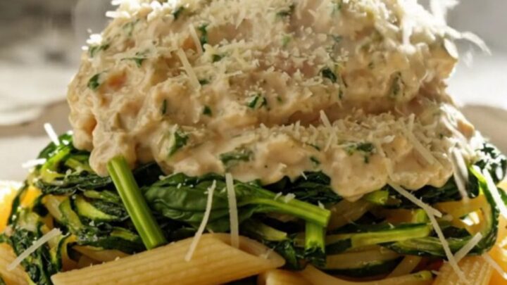 A close-up view of creamy chicken Florentine in a slow cooker, featuring shredded chicken, spinach, and bacon.