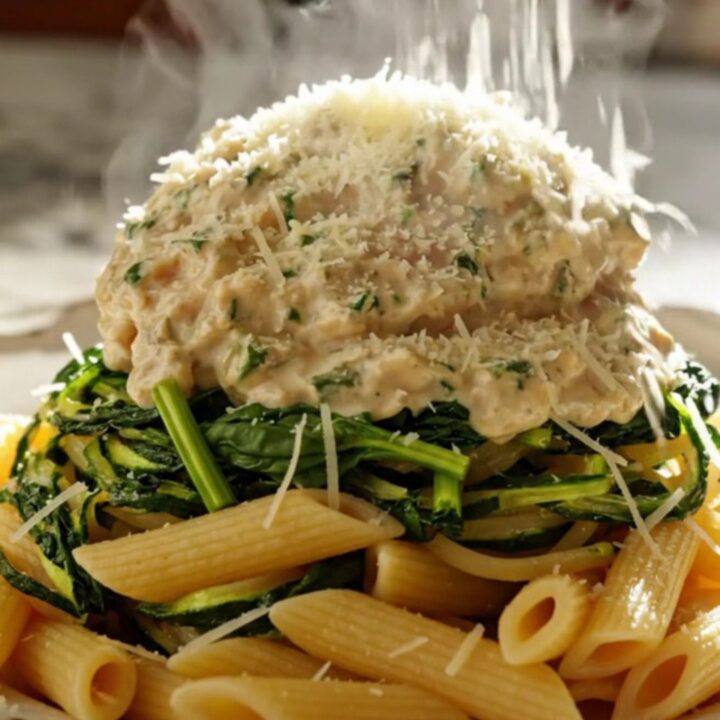 A close-up view of creamy chicken Florentine in a slow cooker, featuring shredded chicken, spinach, and bacon.