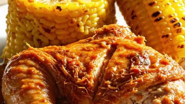 A close-up view of tender shredded Peri-Peri chicken in a terracotta crockpot, garnished with fresh cilantro.