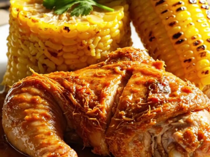 A close-up view of tender shredded Peri-Peri chicken in a terracotta crockpot, garnished with fresh cilantro.