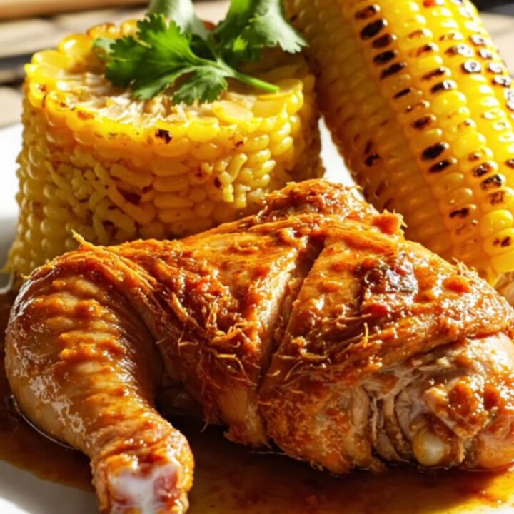 A close-up view of tender shredded Peri-Peri chicken in a terracotta crockpot, garnished with fresh cilantro.