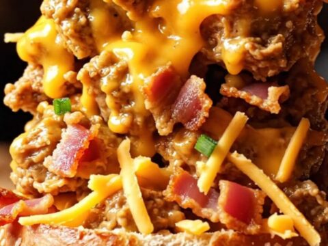 A close-up of shredded chicken in a creamy beer cheese sauce with crispy bacon, served on a toasted pretzel bun.