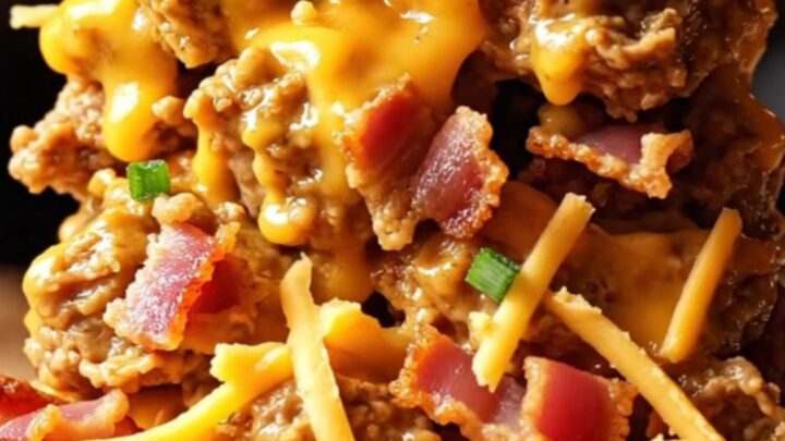 A close-up of shredded chicken in a creamy beer cheese sauce with crispy bacon, served on a toasted pretzel bun.