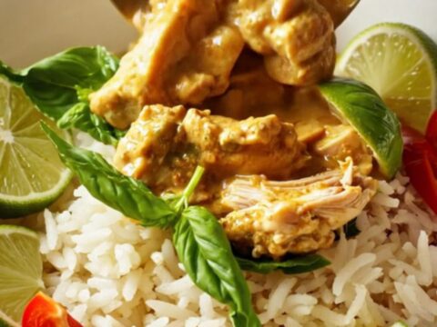 A steaming bowl of coconut red curry chicken served over jasmine rice with fresh basil and lime wedges.
