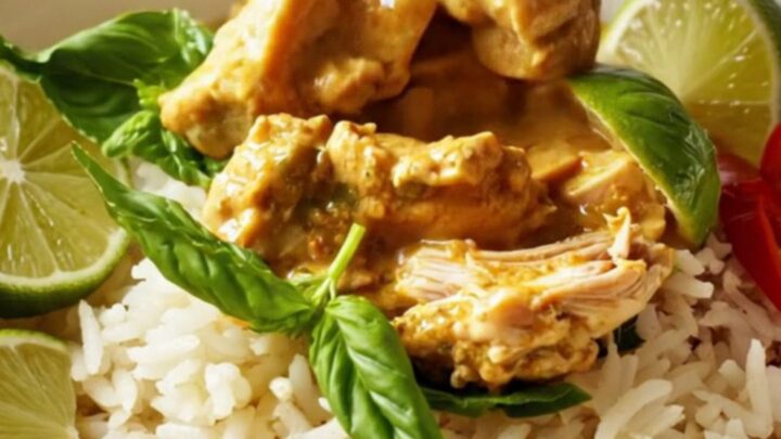 A steaming bowl of coconut red curry chicken served over jasmine rice with fresh basil and lime wedges.