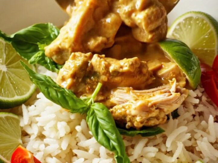 A steaming bowl of coconut red curry chicken served over jasmine rice with fresh basil and lime wedges.